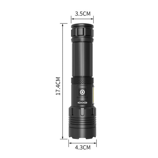 مصباح يدوي P70 + COB LED قصير الطراز مقاوم للماء للاستخدام الخارجي، مزود بشاحن Micro USB، يدعم عرض الطاقة والتركيز التلسكوبي وضبط السطوع على 7 مستويات، P70
