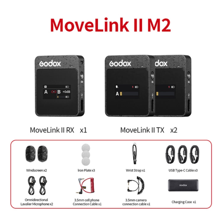 نظام ميكروفون لاسلكي Godox MoveLink II M2 مزود بجهازي إرسال وجهاز استقبال واحد لكاميرات DSLR وكاميرات الفيديو، MoveLink II M2