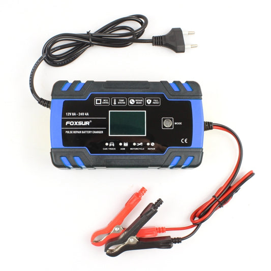 FOXSUR 12V-24V Car Motorcycle Truck Repair Battery Charger AGM Charger, EU Plug (Blue), EU Plug Blue