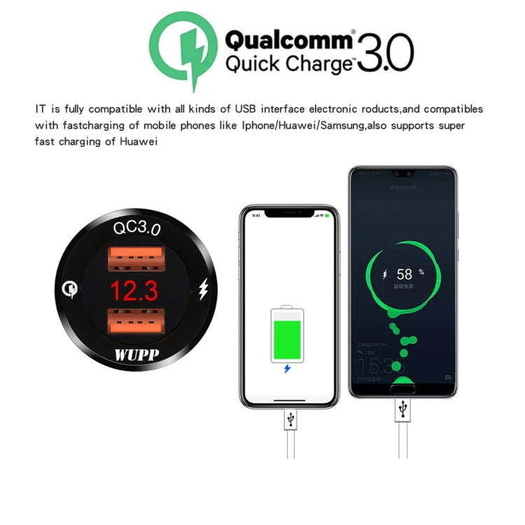WUPP ZH-975A3 Motorcycle Aluminum Alloy Waterproof Mobile Phone Double QC3.0 Quick Charging Charger with Voltmeter, ZH-975B3, ZH-975A3