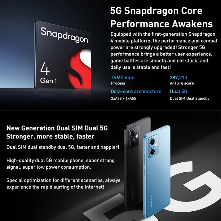 Dual Back Cameras, 5000mAh Battery, Side Fingerprint Identification, 6.67 inch MIUI 13 Qualcomm Snapdragon 4 Gen1 Octa Core up to 2.0GHz, Network: 5G, Dual SIM, IR, Not Support Google Play, Note 12 5G,8GB+256GB, Note 12 5G, 8GB+256GB