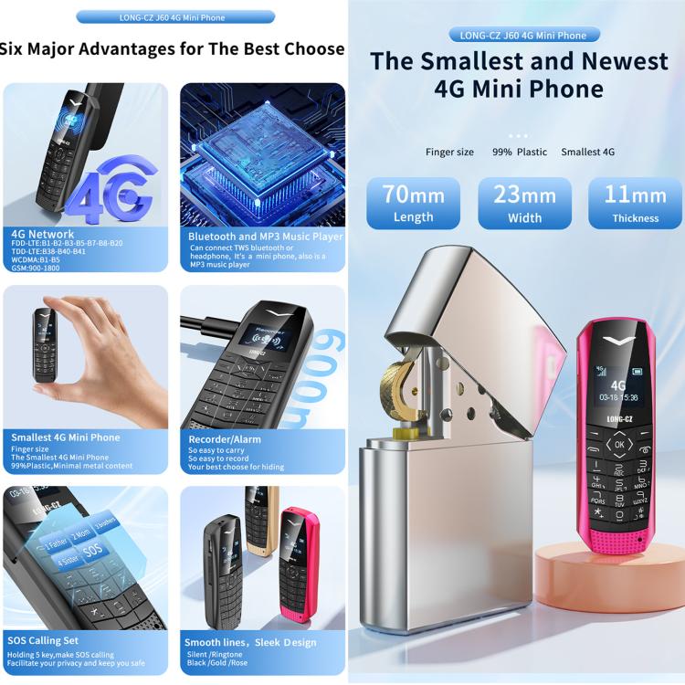 هاتف LONG-CZ S60 4G صغير، شاشة 1.77 بوصة Unisoc T107، مصباح LED، 21 مفتاحًا، شبكة 4G، شريحة SIM واحدة