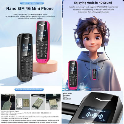 هاتف LONG-CZ S60 4G صغير، شاشة 1.77 بوصة Unisoc T107، مصباح LED، 21 مفتاحًا، شبكة 4G، شريحة SIM واحدة