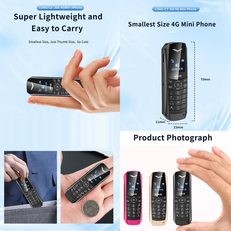 هاتف LONG-CZ S60 4G صغير، شاشة 1.77 بوصة Unisoc T107، مصباح LED، 21 مفتاحًا، شبكة 4G، شريحة SIM واحدة