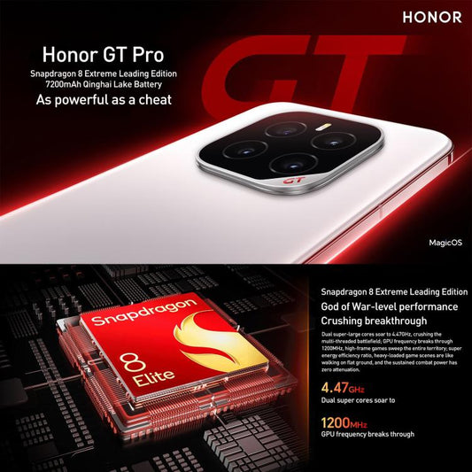هاتف Honor GT Pro، 16 جيجابايت + 1 تيرابايت، مستشعر بصمة بالموجات فوق الصوتية، شاشة 6.78 بوصة، نظام التشغيل MagicOS 9.0 / أندرويد 15، معالج Snapdragon 8 Elite ثماني النواة، شبكة 5G، NFC، OTG، 16 جيجابايت + 1 تيرابايت