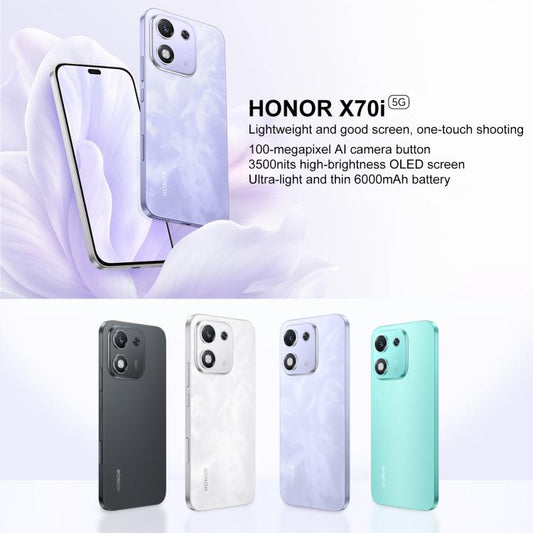 هاتف Honor X70i، ذاكرة 8 جيجابايت + 256 جيجابايت، بصمة مدمجة في الشاشة، شاشة 6.7 بوصة، نظام التشغيل MagicOS 9.0، أندرويد 15.0، معالج Dimensity 7025 Ultra ثماني النواة، شبكة 5G، OTG، NFC، ذاكرة 8 جيجابايت + 256 جيجابايت