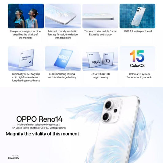 هاتف OPPO Reno14 AI، 16 جيجابايت + 512 جيجابايت، شاشة بصمة الإصبع، 6.59 بوصة ColorOS 15.0 Dimensity 8350 ثماني النواة، NFC، OTG، شبكة: 5G، 16 جيجابايت + 512 جيجابايت