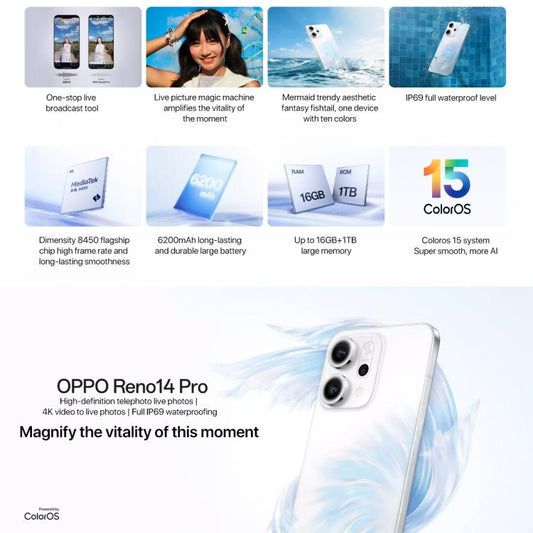 هاتف OPPO Reno14 Pro AI، 16 جيجابايت + 512 جيجابايت، شاشة بصمة الإصبع، 6.83 بوصة ColorOS 15.0 Dimensity 8450 ثماني النواة، NFC، OTG، شبكة: 5G، 16 جيجابايت + 512 جيجابايت
