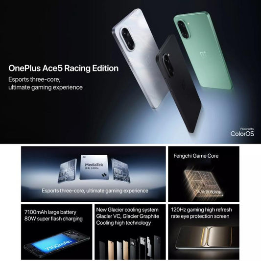 هاتف OnePlus Ace 5 Racing، 12 جيجابايت + 256 جيجابايت، شاشة 6.83 بوصة، ColorOS 15.0، معالج MediaTek Dimensity 9400e ثماني النواة، NFC، شبكة 5G، 12 جيجابايت + 256 جيجابايت