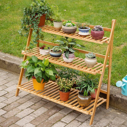 Bamboo 3-Tier Hanging Plant Stand Planter Shelves Flower Pot Storage Rack Folding Display Shelving Plants Shelf, Width: 100cm, 3-Tie Width: 100cm(White), 3-Tie Width: 100cm(Apricot)