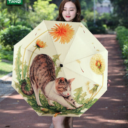 Creative Fashion Three Fold Lazy Cat Pattern Silver Tape Anti Ultraviolet Sunshade Umbrella