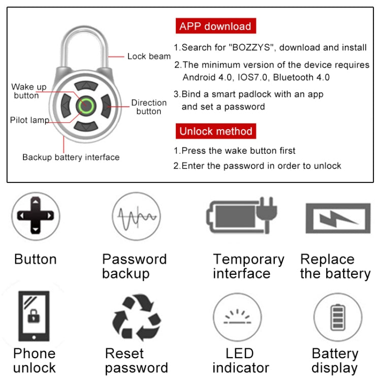 Intelligent Bluetooth Key Password Padlock Remote Unlocking for iOS / Android, DM-1