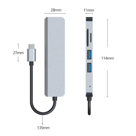 موزع متعدد الوظائف 5 في 1 من USB-C / Type-C إلى HDMI بدقة 4K + فتحة بطاقة SD / TF + USB 2.0 + USB 3.0، 5 في 1