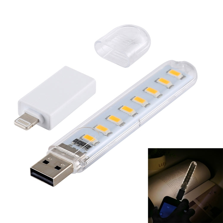8LEDs 5V 200LM USB LED Book Light Portable Night Light, with 8 Pin Adapter, with 8 Pin  Adapter