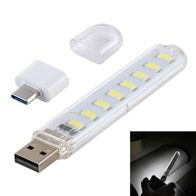 8LEDs 5V 200LM USB LED Book Light Portable Night Light, with Type-C Adapter, with Type-C Adapter