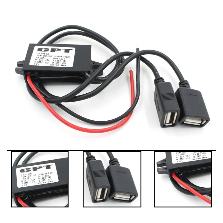 Car Motorcycle Dual USB Car Charger DC 12V To 5V 3A Power Adapter with for Car GPS Tracker DVR, Length: 1m, Car Dual USB Power Adapter