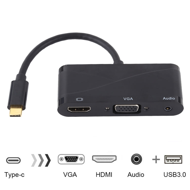 محول USB 2.0 + منفذ صوت + VGA + HDMI إلى USB-C / Type-C HUB، أسود، أبيض