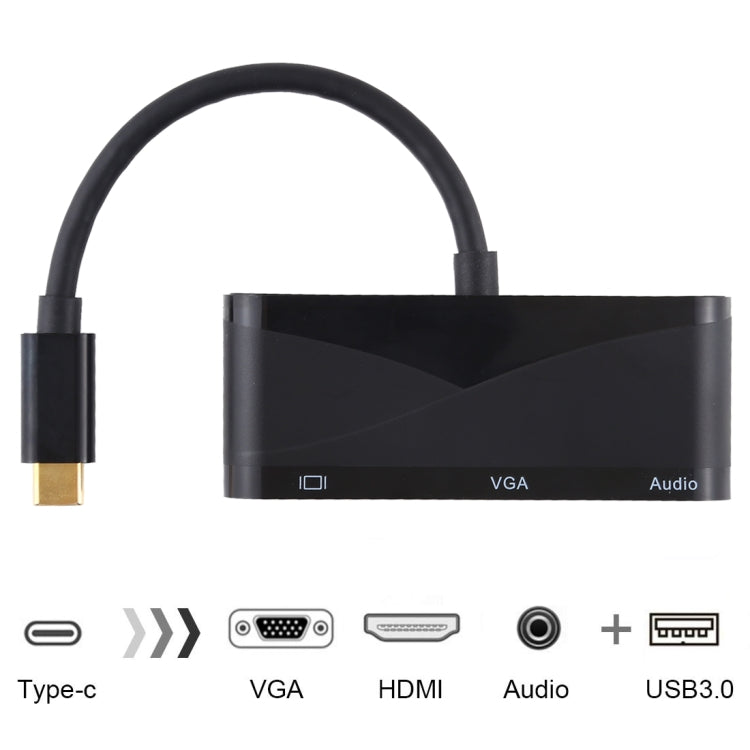 محول USB 2.0 + منفذ صوت + VGA + HDMI إلى USB-C / Type-C HUB، أسود، أبيض