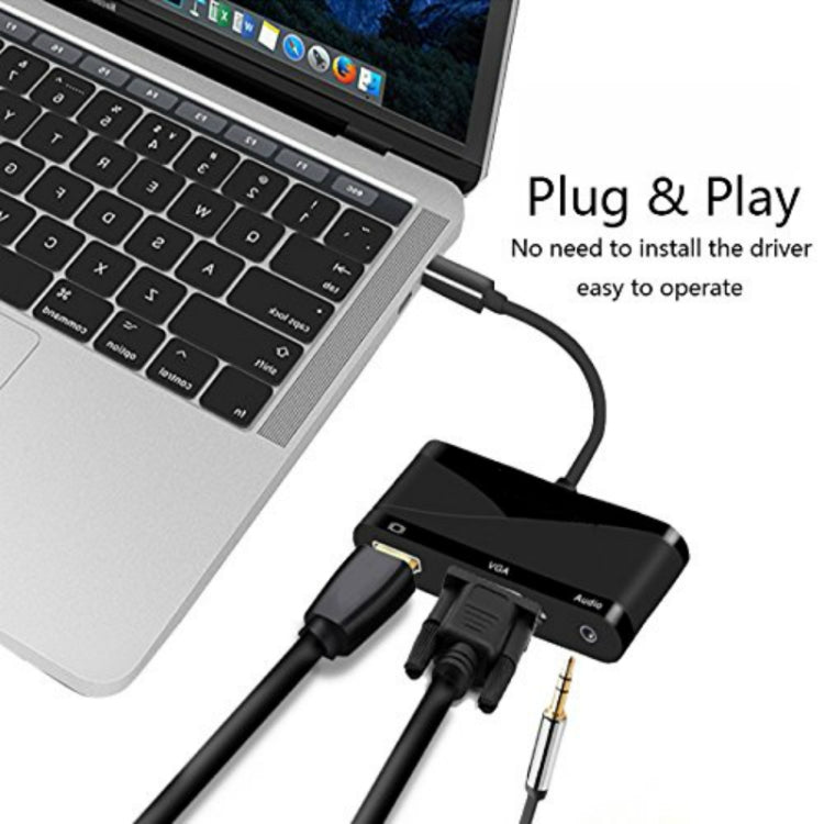 محول USB 2.0 + منفذ صوت + VGA + HDMI إلى USB-C / Type-C HUB، أسود، أبيض
