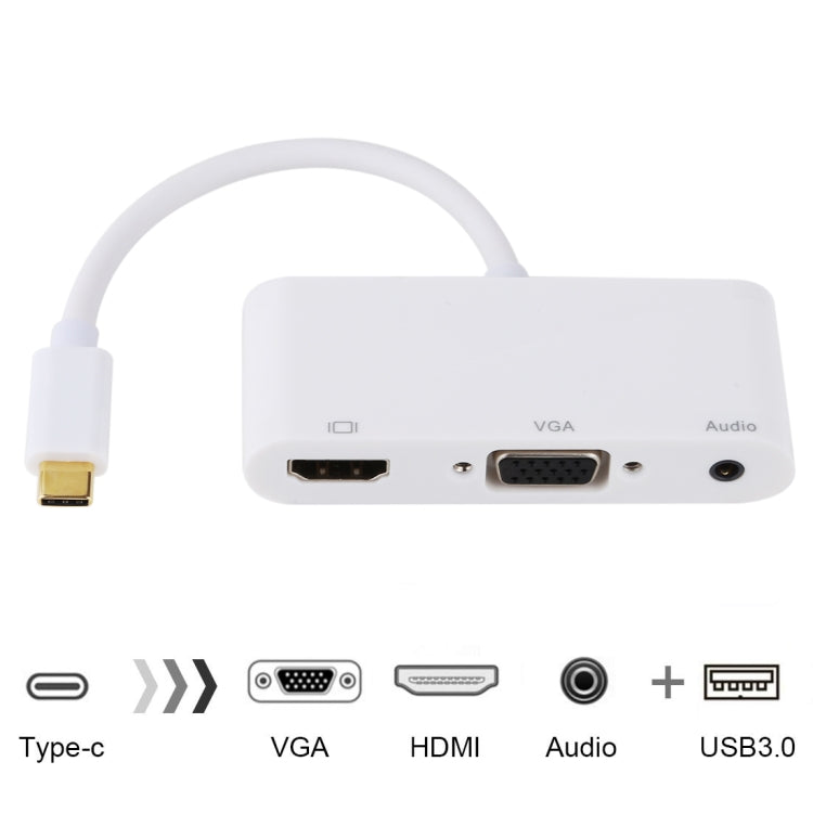 محول USB 2.0 + منفذ صوت + VGA + HDMI إلى USB-C / Type-C HUB، أسود، أبيض