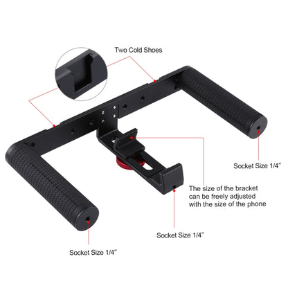 PULUZ 4 in 1 Vlogging Live Broadcast LED Selfie Light Smartphone Video Rig Handle Stabilizer Aluminum Bracket Kits with Microphone + Tripod Mount + Cold Shoe Tripod Head
