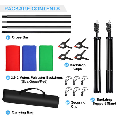 PULUZ 2.9x2m Photo Studio Background Support Stand Backdrop Crossbar Bracket Kit with Red / Blue / Green Backdrops