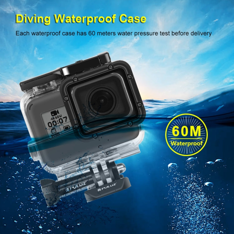 جراب PULUZ لكاميرا GoPro HERO(2018) / HERO7 Black /6 /5 60m مقاوم للماء تحت الماء وغطاء حماية للغوص مع مشبك تثبيت أساسي وبرغي، لكاميرا HERO5