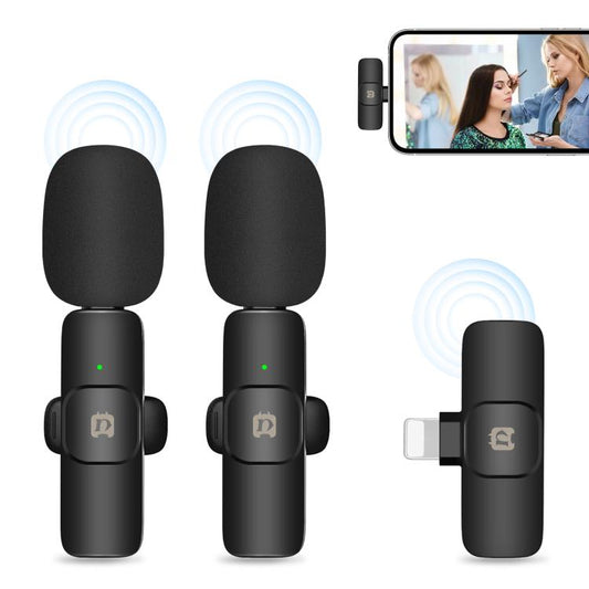 ميكروفونات PULUZ اللاسلكية لتقليل الضوضاء والتردد لأجهزة iPhone / iPad، وميكروفونات مزدوجة بمستقبل 8 دبابيس، وميكروفونات مزدوجة بمستقبل 8 دبابيس