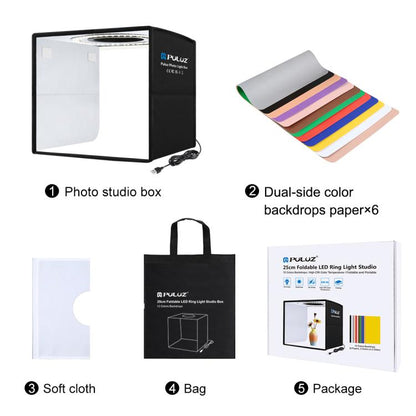 PULUZ 25cm Folding Portable Ring Light Photo Lighting Studio Shooting Tent Box with 12 Colors Backdrops, Size: 25cm x 25cm x 25cm