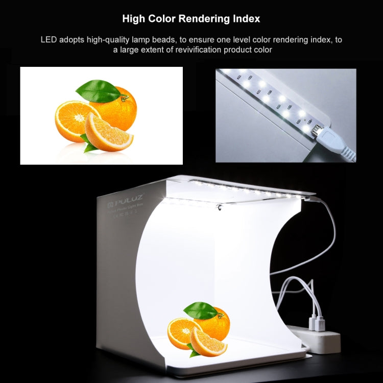 لوحة مصباح إضاءة LED صغير للتصوير الفوتوغرافي بدون ظل من PULUZ + صندوق خيمة تصوير الاستوديو، مصنوع من مادة الأكريليك، مساحة فعالة 20 سم × 20 سم، 20 سم (2 مصباح LED) + إضاءة بدون ظل