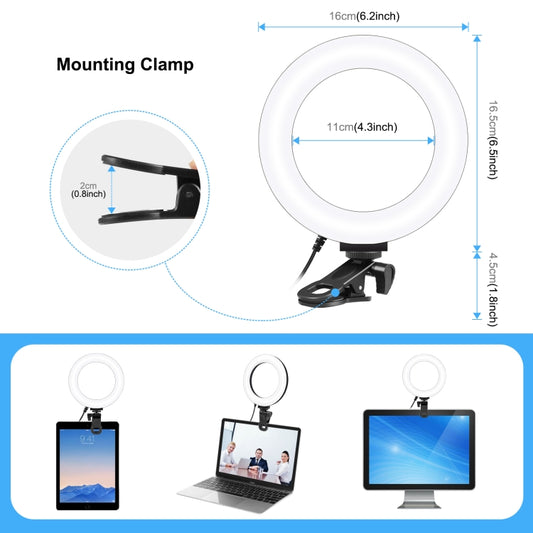 ضوء حلقي من بولوز 6.2 بوصة 16 سم، 3 أوضاع إضاءة USB قابلة للتعتيم، درجة حرارة لون مزدوجة، إضاءة منحنية لتصوير الفيديو مع حامل مشبك للشاشة، 6.2 بوصة، ضوء + مشبك