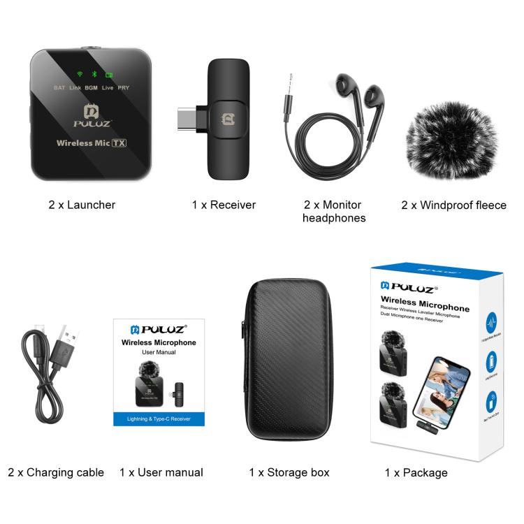 PULUZ Wireless Lavalier Microphone for Type-C Phone, Type-C Receiver and Dual Microphones
