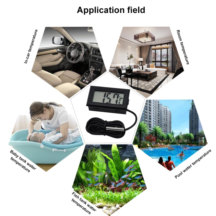 مقياس حرارة رقمي صغير بشاشة LCD للثلاجة والفريزر، مقاس الإدخال 46 مم × 26.6 مم، طول الكابل 1 متر، PT-2