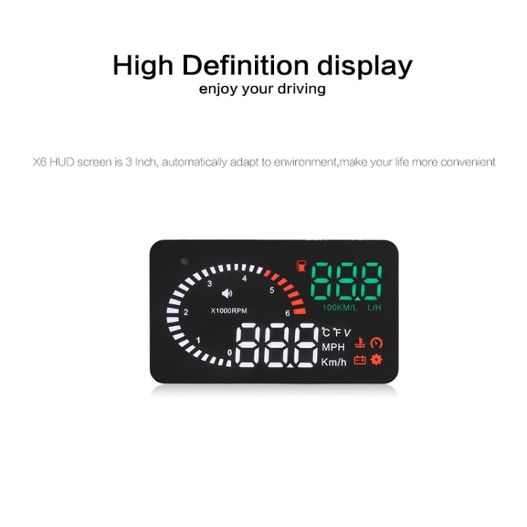 X6 3.5 inch Car OBDII / EUOBD HUD Vehicle-mounted Head Up Display Security System, Support Speed & Water Temperature & Speed Alarm & Fuel Consumption & Battery Voltage, etc., X6