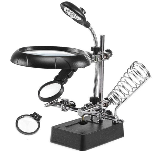 5 LED Auxiliary Clip Magnifier AC/DC Interchangeable with Soldering Stand & Two Magnifier, EU Plug