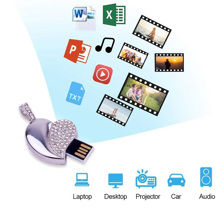 قرص فلاش USB من الفضة على شكل قلب مرصع بالألماس، هدية خاصة لعيد الحب، 2 جيجابايت، 4 جيجابايت، 8 جيجابايت، 16 جيجابايت، 32 جيجابايت