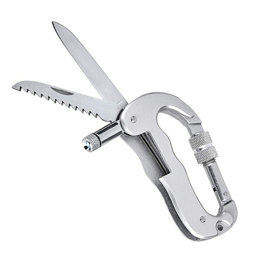 Heavy Duty D Shape Carabiner Clip-On Clamp Key Chain Hook with Dual Knife & LED Torch