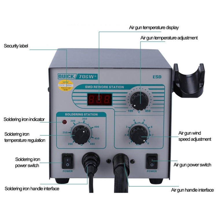 2 in 1 QUICK 706W+ 220V 50W Digital Display Hot Air Gun Anti-static Constant Temperature Lead-free Soldering Iron Desoldering Station, AU Plug, QUICK 706W+