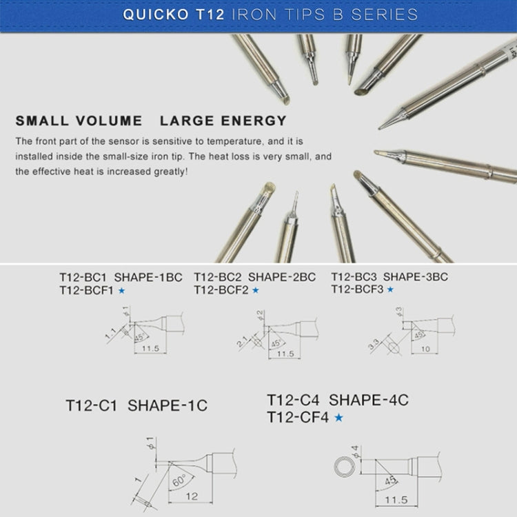 QUICKO T12-BCF3 Lead-free Soldering Iron Tip, T12-BCF2, T12-BCF3, T12-BC1, T12-BC1.5, T12-BC2, T12-BC3, T12-BCF1