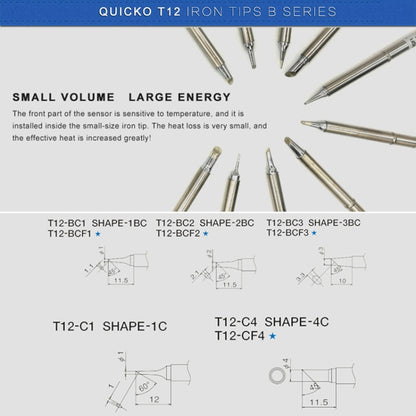 QUICKO T12-BCF3 Lead-free Soldering Iron Tip, T12-BCF2, T12-BCF3, T12-BC1, T12-BC1.5, T12-BC2, T12-BC3, T12-BCF1