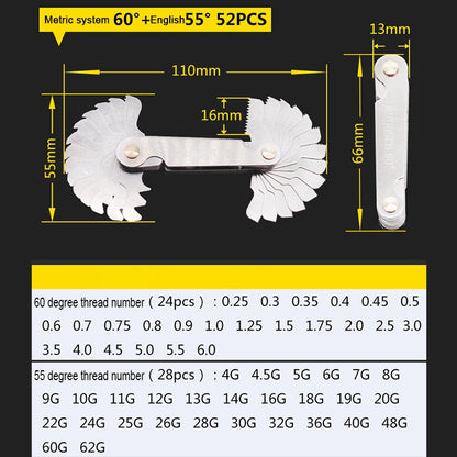52 PCS Metric 60 Degrees +British 55 Degrees CR Stainless Steel Thread Gauge, 52 PCS Thread Gauge