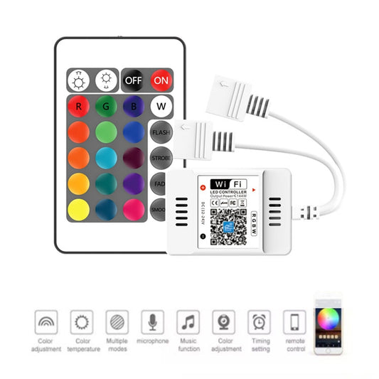 شريط إضاءة LED ثنائي الاتجاه مع تطبيق ذكي للتحكم في شريط إضاءة LED RGB مزود بخاصية واي فاي وجهاز تحكم عن بعد يعمل بالأشعة تحت الحمراء بـ 24 مفتاحًا، 5-24 فولت