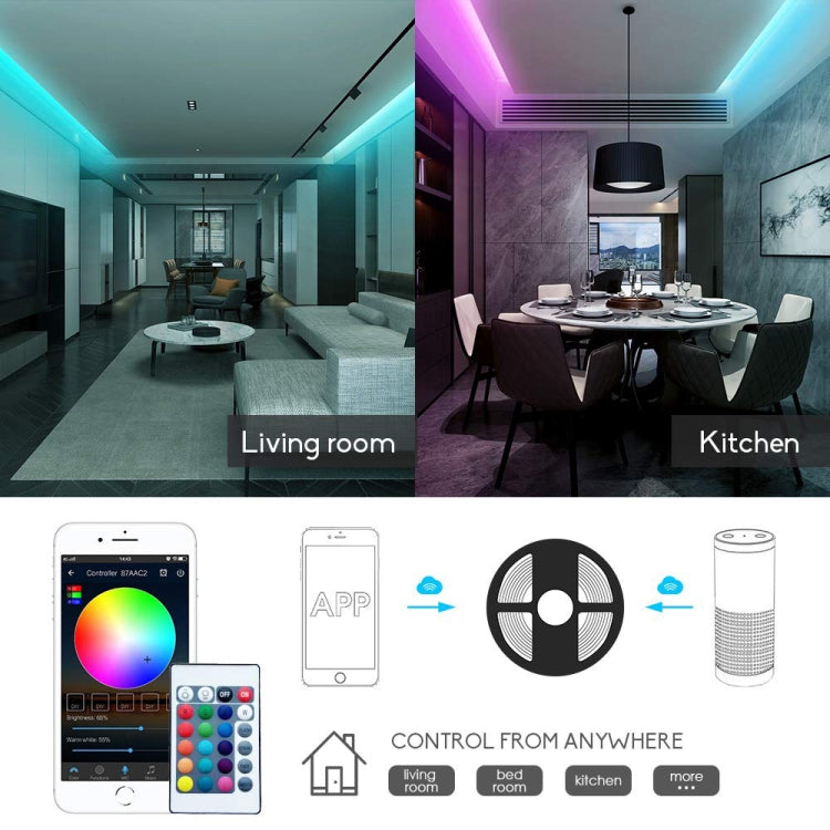 شريط إضاءة LED ثنائي الاتجاه مع تطبيق ذكي للتحكم في شريط إضاءة LED RGB مزود بخاصية واي فاي وجهاز تحكم عن بعد يعمل بالأشعة تحت الحمراء بـ 24 مفتاحًا، 5-24 فولت