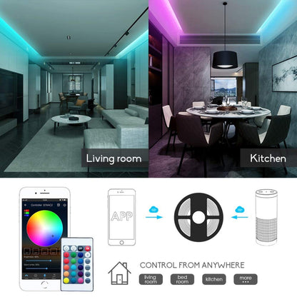 شريط إضاءة LED ثنائي الاتجاه مع تطبيق ذكي للتحكم في شريط إضاءة LED RGB مزود بخاصية واي فاي وجهاز تحكم عن بعد يعمل بالأشعة تحت الحمراء بـ 24 مفتاحًا، 5-24 فولت