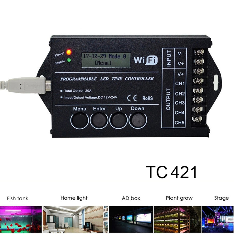 وحدة تحكم وقت TC421 20A WiFi قابلة للبرمجة 5CH RGB LED لحوض السمك وخزان الأسماك ونمو النباتات، تيار مستمر 12-24 فولت