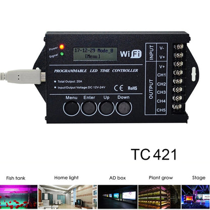 وحدة تحكم وقت TC421 20A WiFi قابلة للبرمجة 5CH RGB LED لحوض السمك وخزان الأسماك ونمو النباتات، تيار مستمر 12-24 فولت