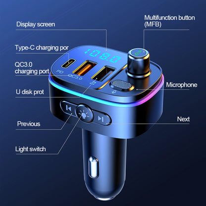 جهاز إرسال FM بتقنية بلوتوث للسيارة T65، مزود بمنفذ USB مزدوج من النوع C وشاحن QC3.0، T65
