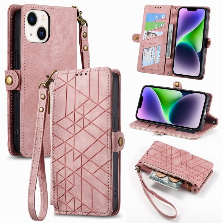 Geometric Zipper Wallet Side Buckle Leather Phone Case, For iPhone 15, For iPhone 14 Plus, For iPhone 14, For iPhone 14 Pro