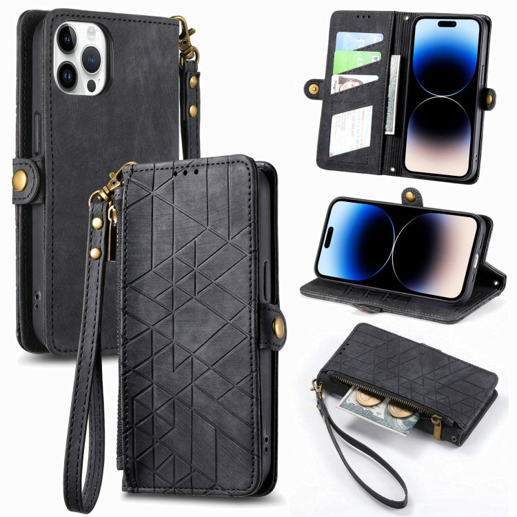 Geometric Zipper Wallet Side Buckle Leather Phone Case, For iPhone 15, For iPhone 14 Plus, For iPhone 14, For iPhone 14 Pro