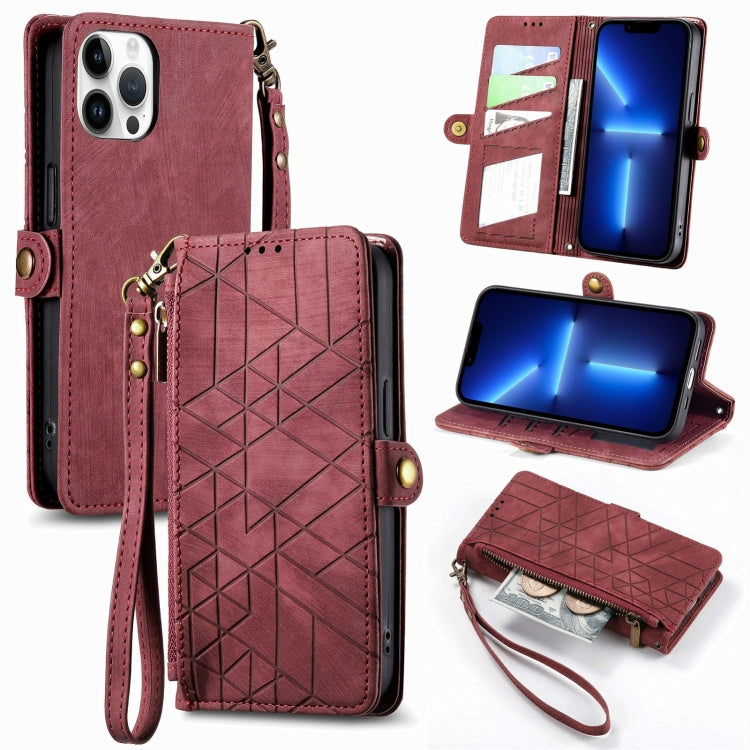Geometric Zipper Wallet Side Buckle Leather Phone Case, For iPhone 14 Pro Max, For iPhone 13 Pro Max, For iPhone 13 Pro, For iPhone 13